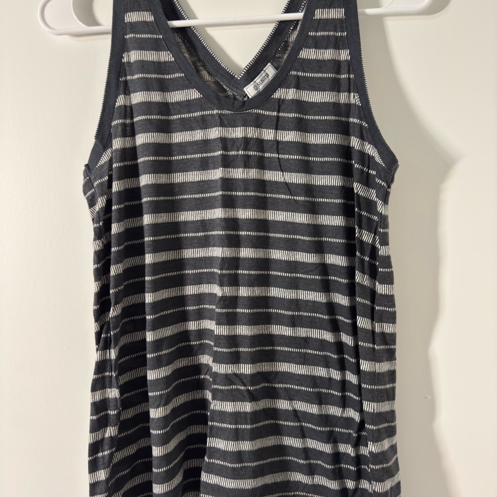 Susina Charcoal and White Striped V-Neck Top